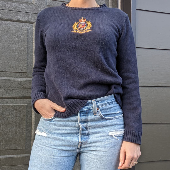 Vintage Y2K Ralph Lauren Navy Blue Embroidered Crest Knit Sweater - Picture 2 of 11